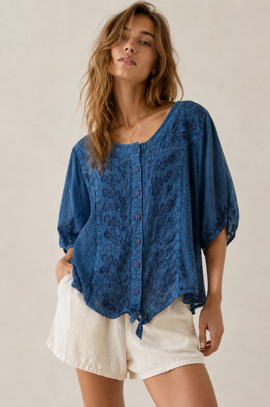 Agan Traders Teal Embroidered Flowy Blouse M Fairycore Boho Festival Whimsigoth